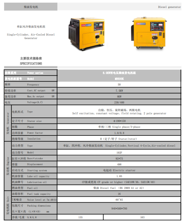 Diesel engine Generator -7500W 220V/380V Output.